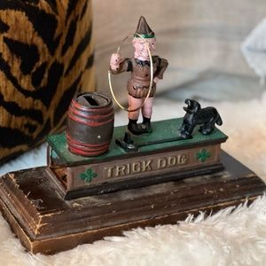 Antique mechanical TRICK DOG cast iron coin bank